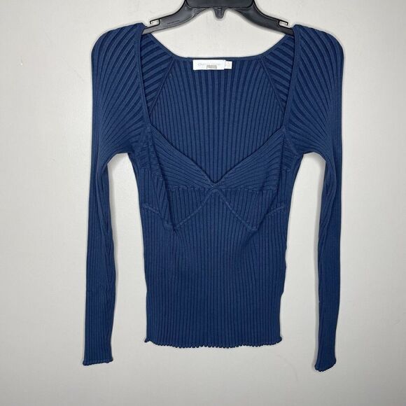 SIMKHAI Top Womens Large Blue Sammy Ribbed Bustier Sweater Sweetheart Neckline - Picture 2 of 8